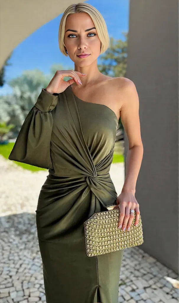 Damen Maxikleid Grünes Fließendes Kleid mit Seidigen Ärmeln für Festliche Anlässe-3