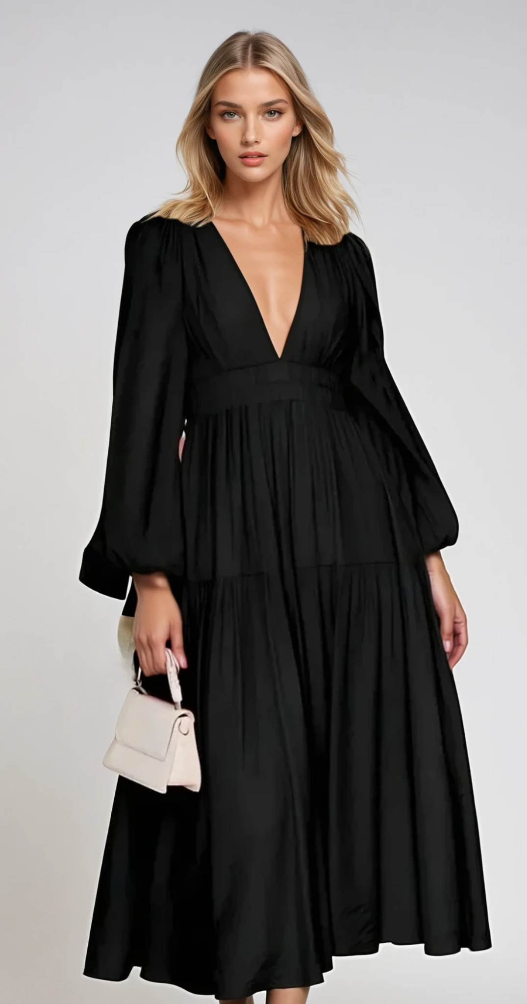 LUXE – Maxikleid mit Ballonärmeln und V-Ausschnitt