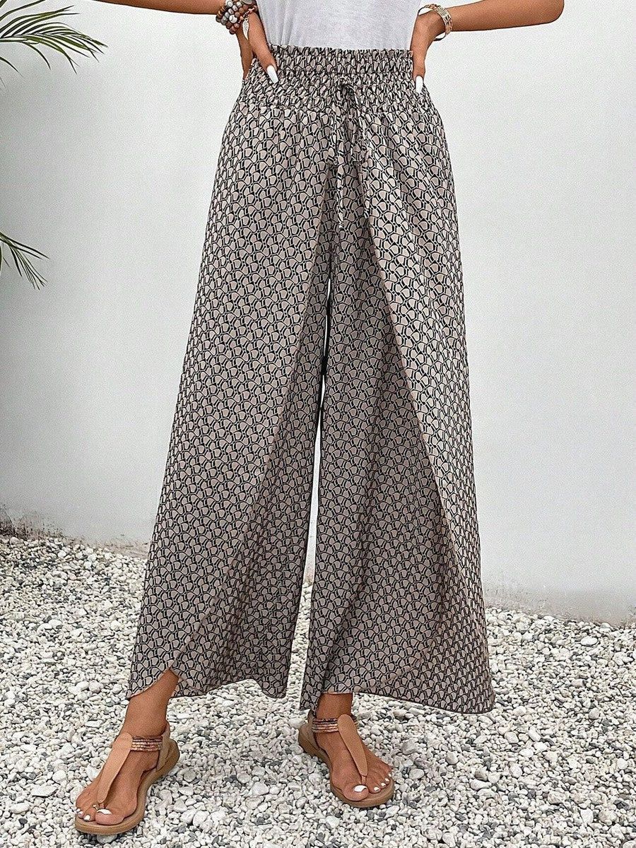 Damen Palazzo Hose Elegant Braun Elastischer Bund mit Kordelzug Weites Bein Sommerhose-2