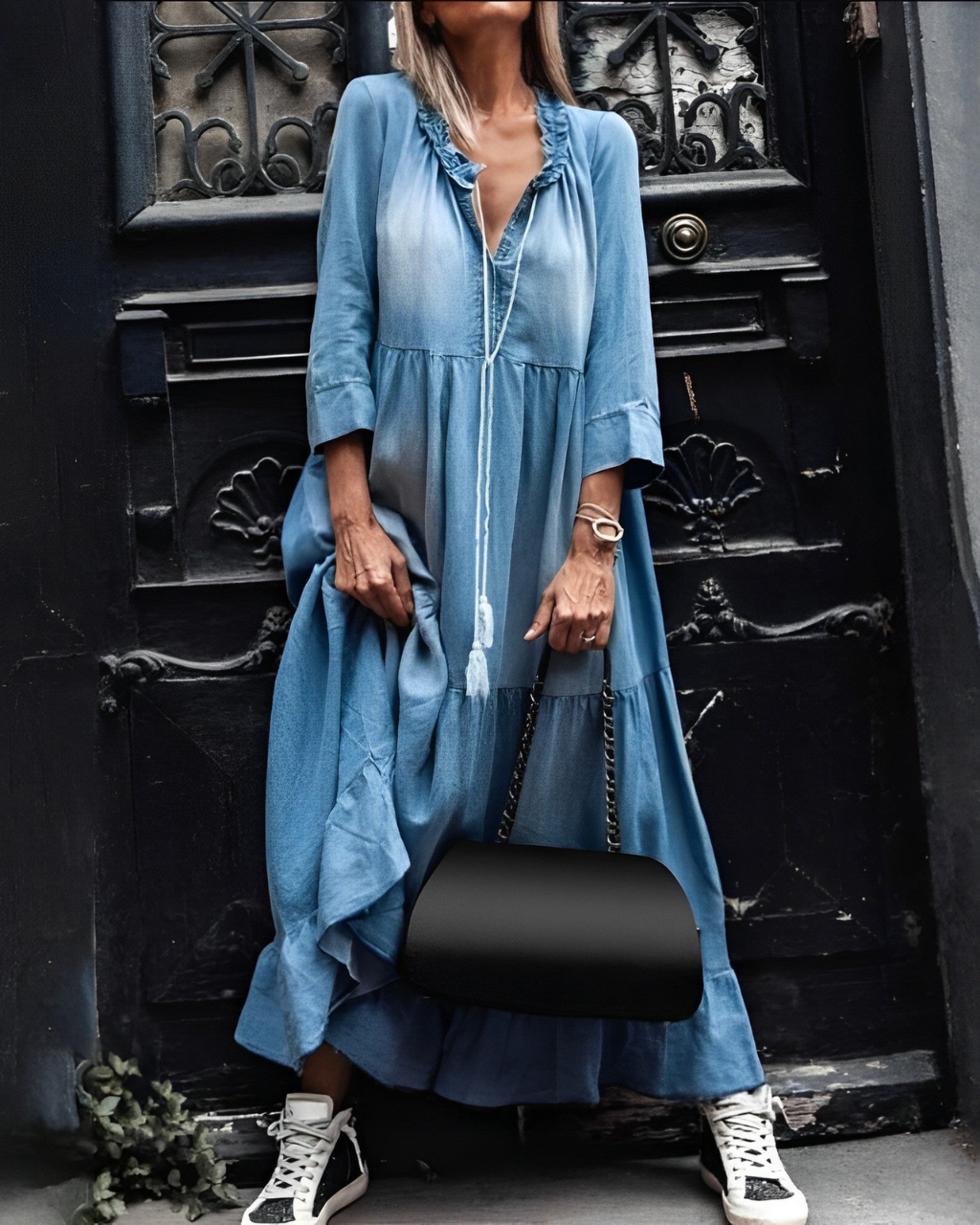 Damen Maxikleid Denim Vintage Stil Mit Rüsche Und Langen Ärmeln Sommerkleider-1