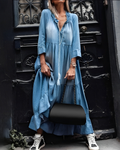 Variant image for Damen Maxikleid Denim Vintage Stil Mit Rüsche Und Langen Ärmeln Sommerkleider-1