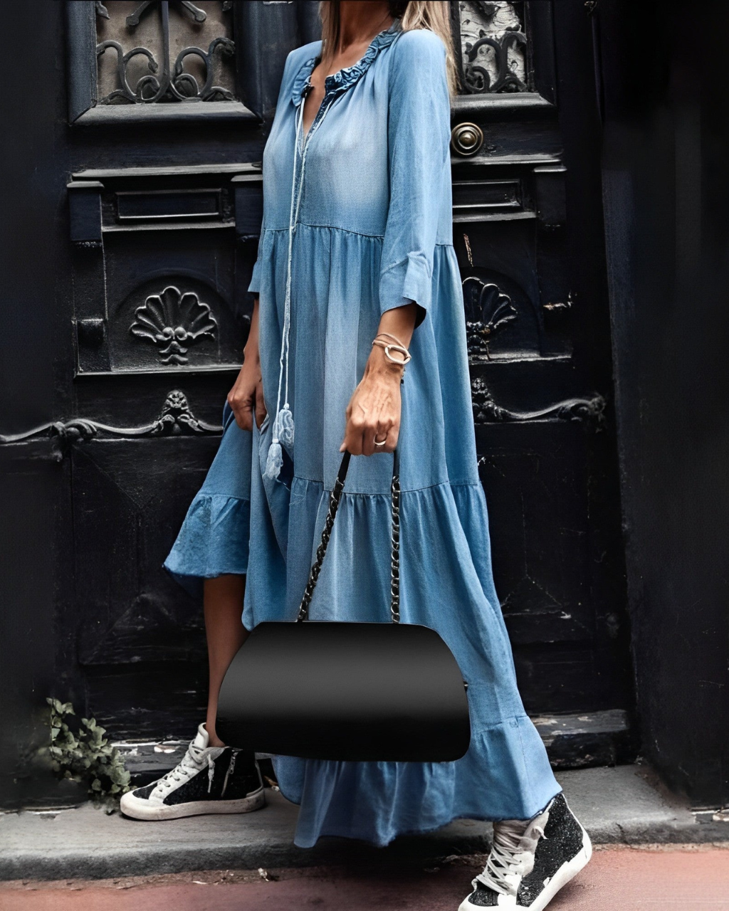 Damen Maxikleid Denim Vintage Stil Mit Rüsche Und Langen Ärmeln Sommerkleider-2