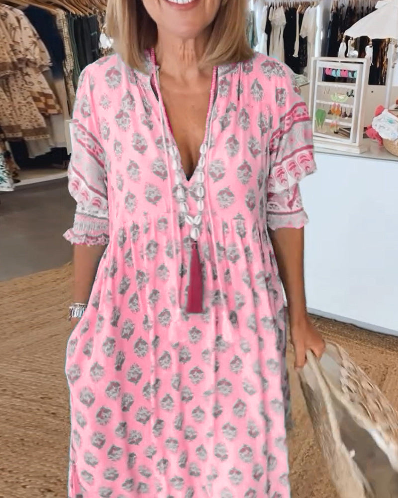SERENE – Boho Chic Sommerkleid mit V-Ausschnitt und Leinenstoff
