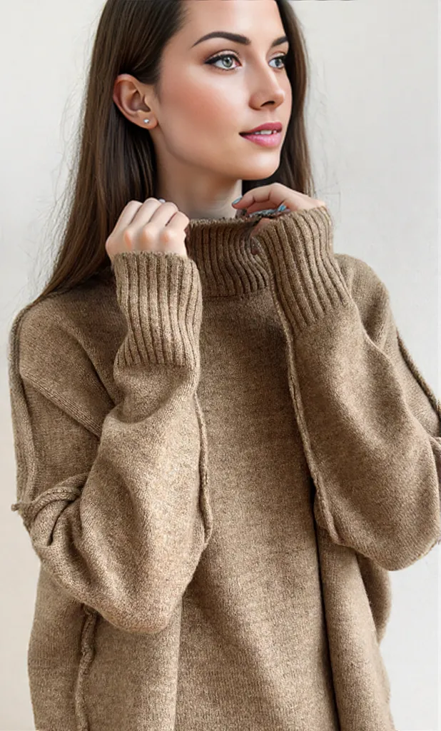 Damen Strick Rollkragenpullover Hosenensemble Beige Weicher Strickstoff Pflegeleicht-3
