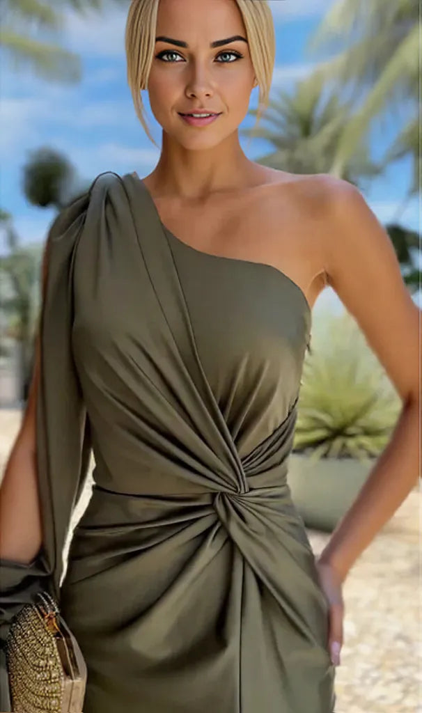 Damen Maxikleid Grünes Fließendes Kleid mit Seidigen Ärmeln für Festliche Anlässe-4