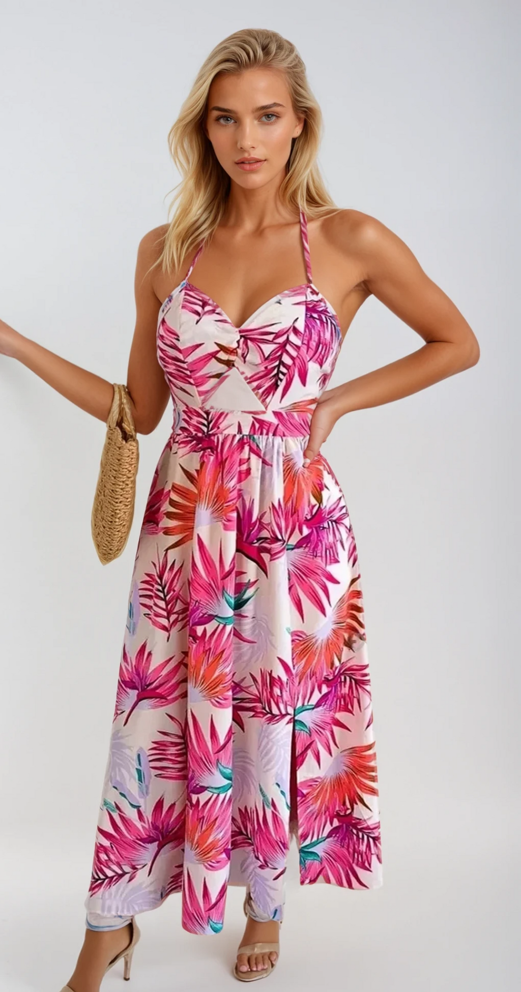 BOTANICAL BLISS – Rückenfreies Cutout Kleid mit Schlitz