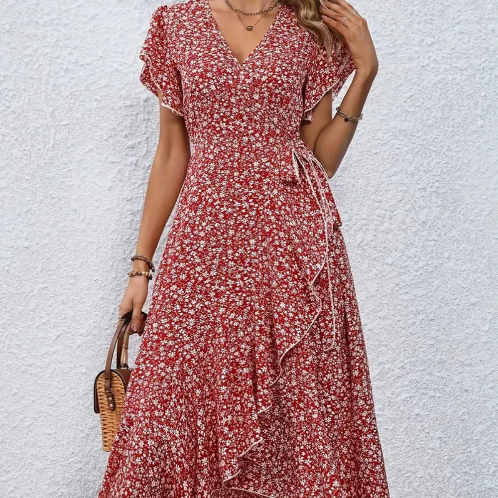 Damen Kleid V-Ausschnitt Wickelschnitt Blumendruck Leicht Baumwolle S M L XL-1