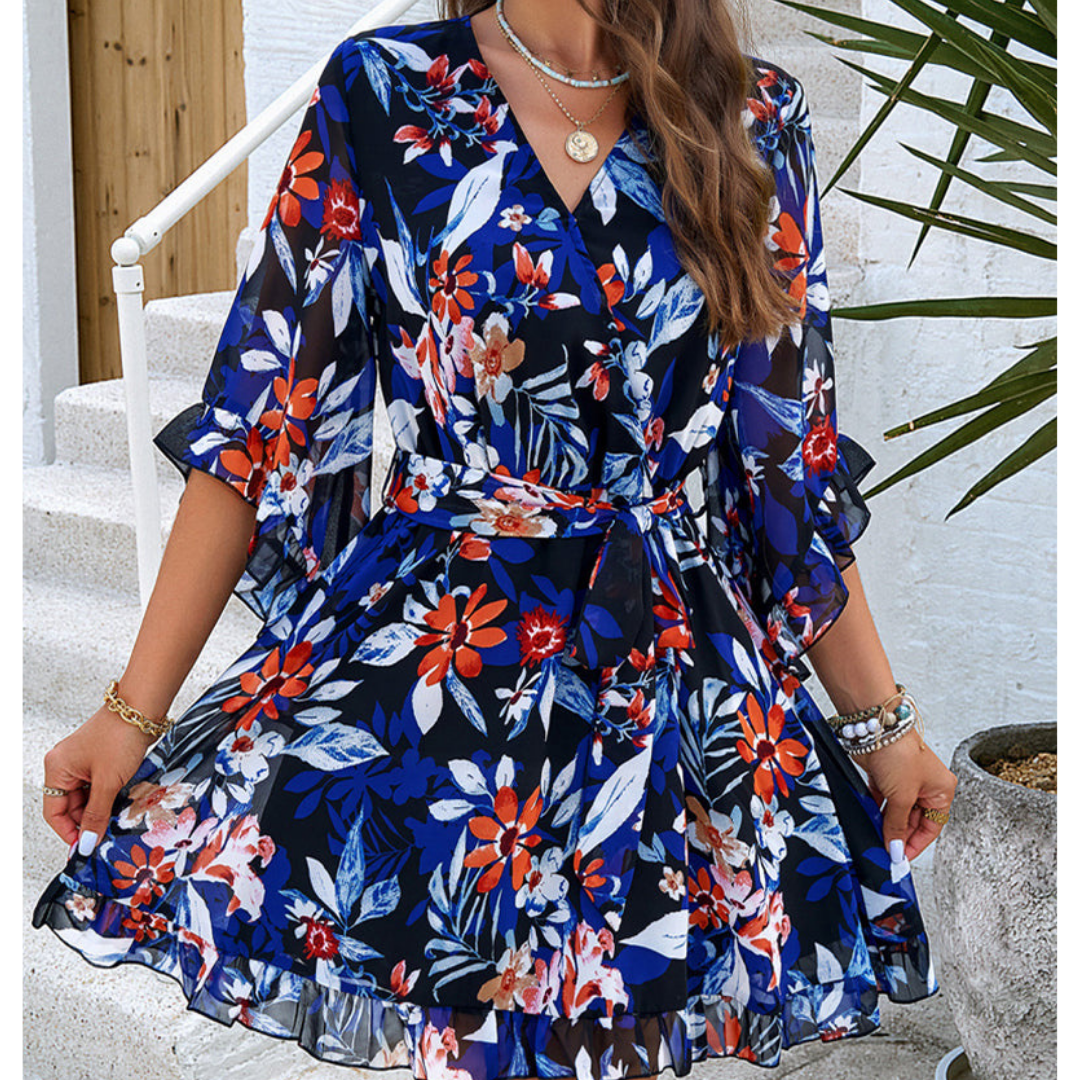 Damen Midi Kleid Blumen Print Luftig Elegant Sommerkleider für Freizeit und besondere Anlässe-2