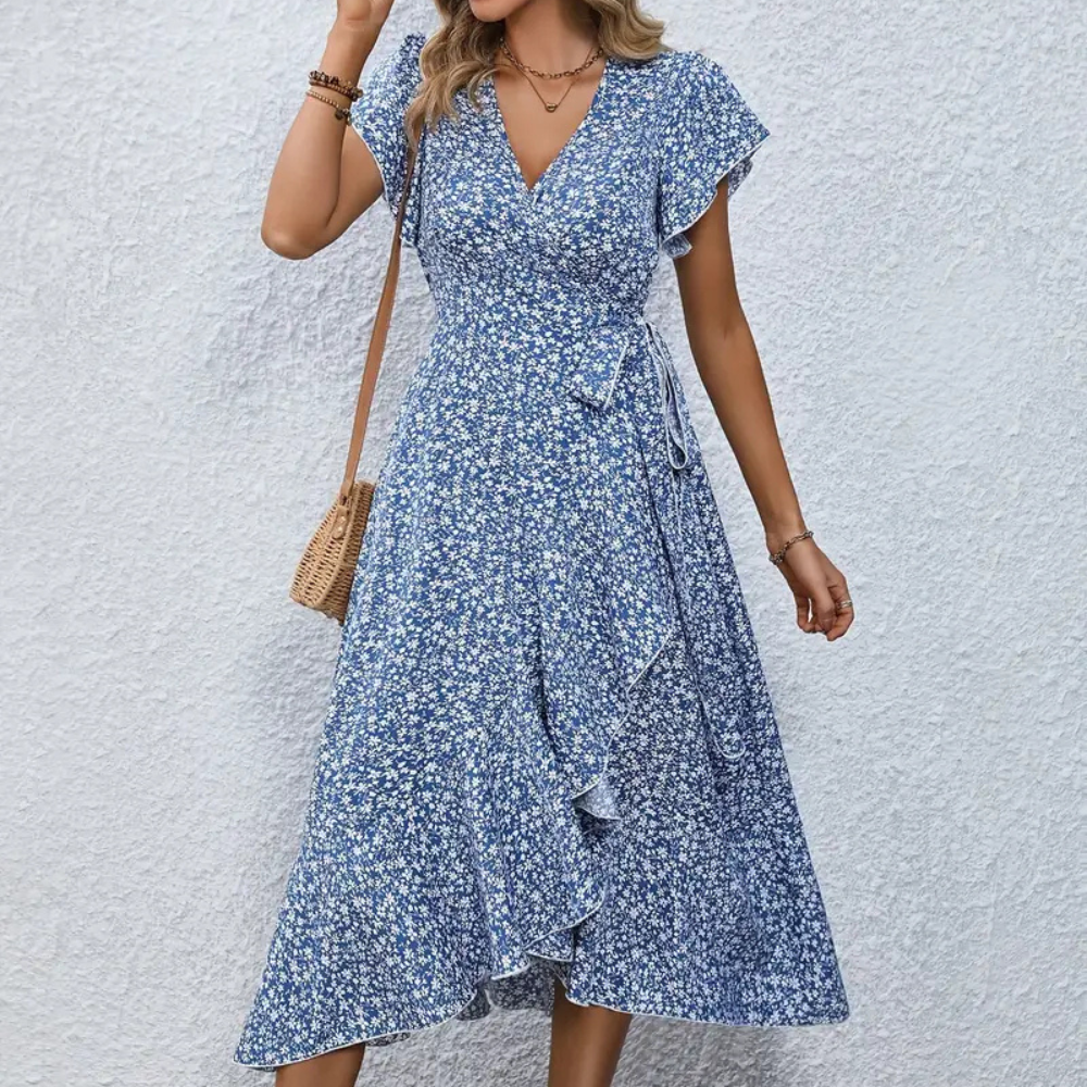 Damen Kleid V-Ausschnitt Wickelschnitt Blumendruck Leicht Baumwolle S M L XL-2