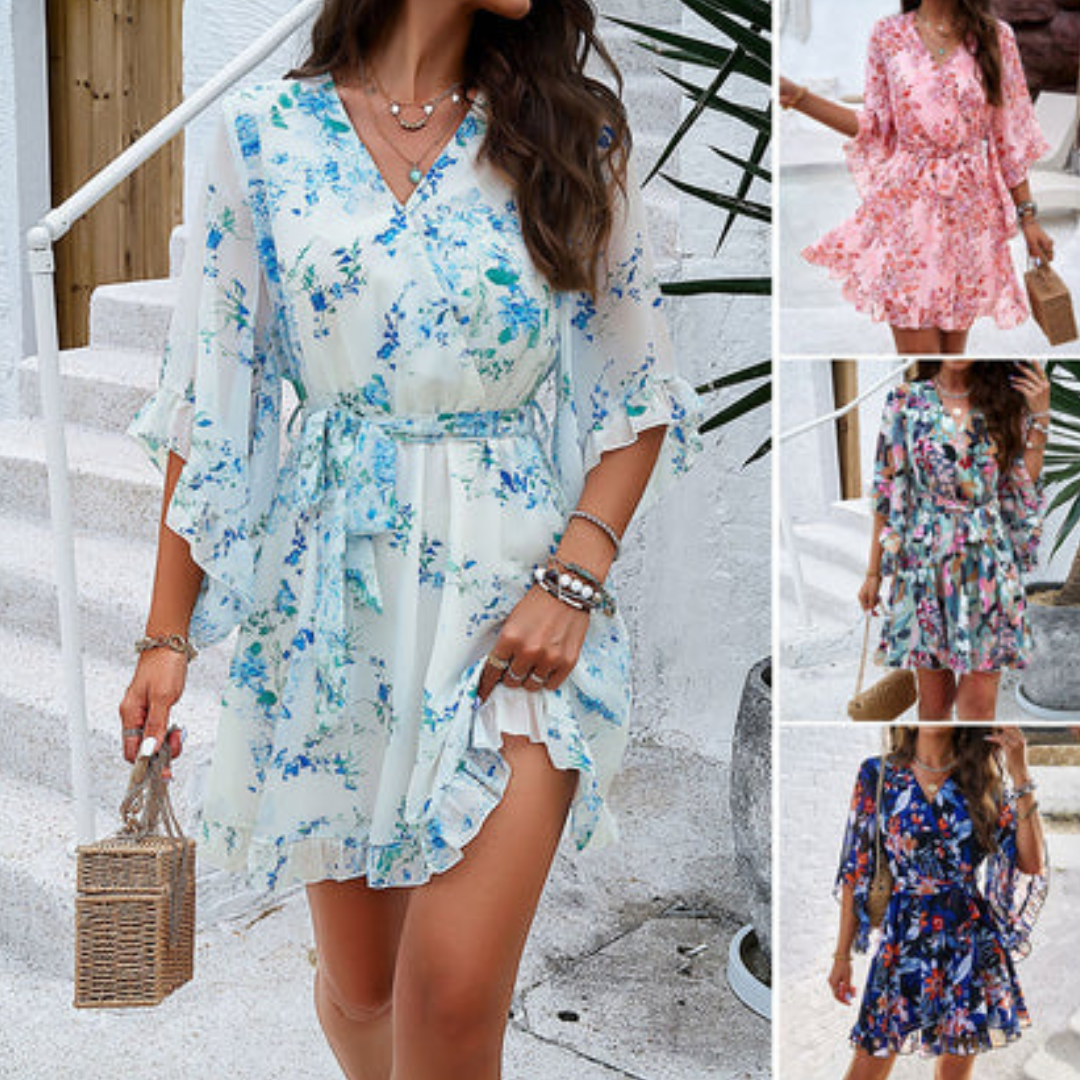 Damen Midi Kleid Blumen Print Luftig Elegant Sommerkleider für Freizeit und besondere Anlässe-5