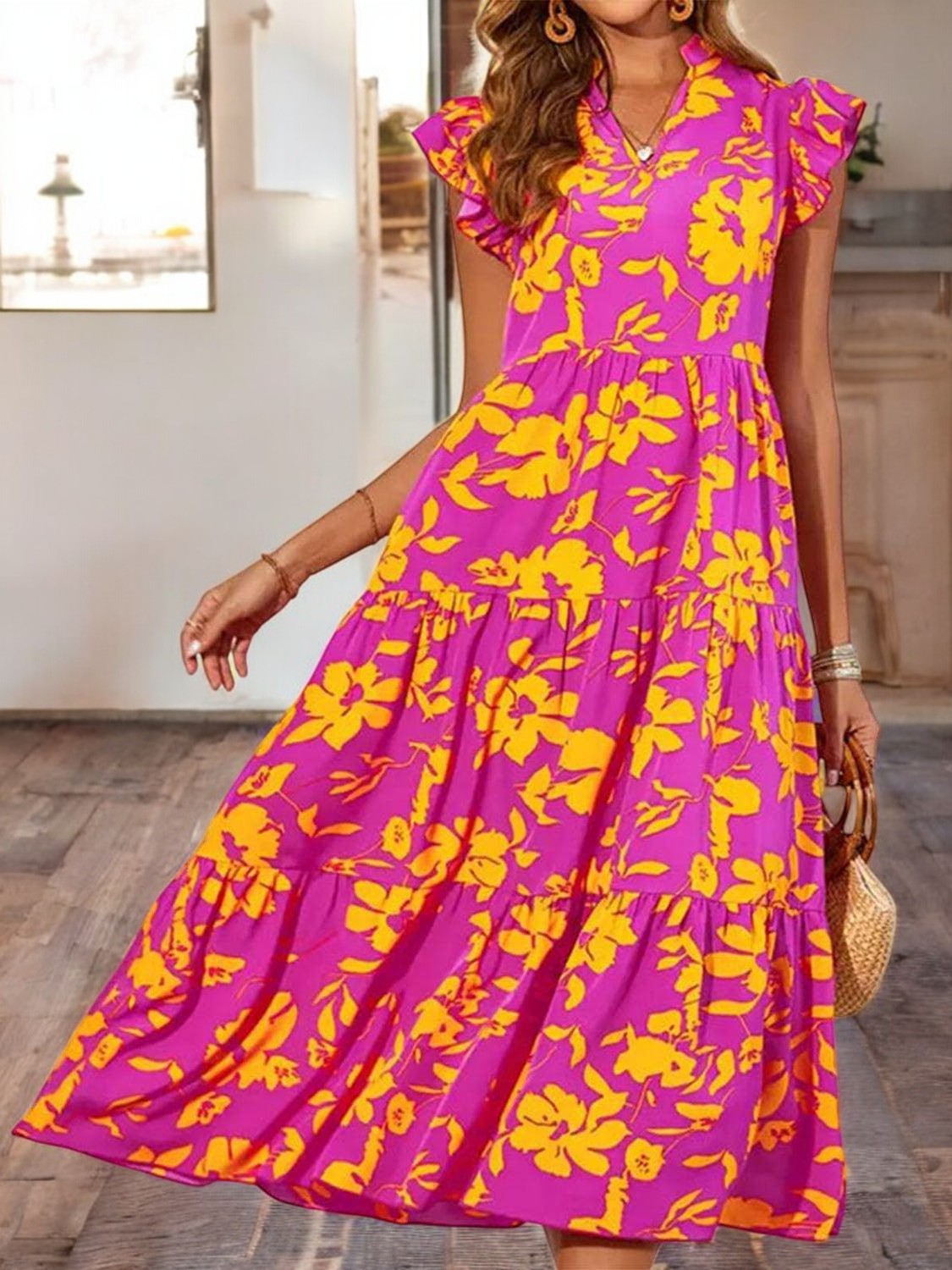 RUFFLED CAP SLEEVE MIDI DRESS – Elegantes Sommerkleid mit Rüschenärmeln