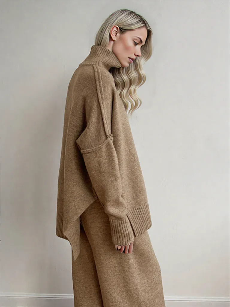 Damen Strick Rollkragenpullover Hosenensemble Beige Weicher Strickstoff Pflegeleicht-4