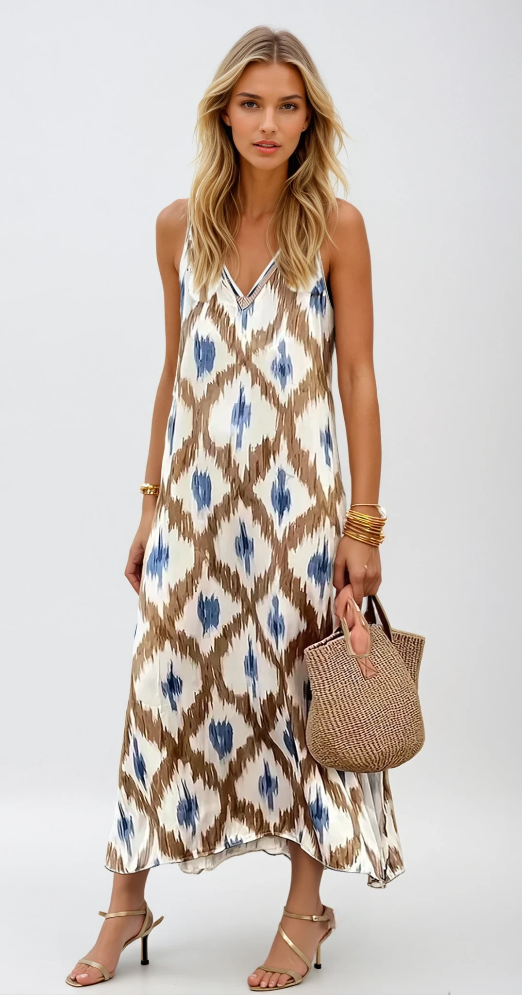 LIORA – Ikat Boho Maxikleid aus Baumwolle mit V-Ausschnitt