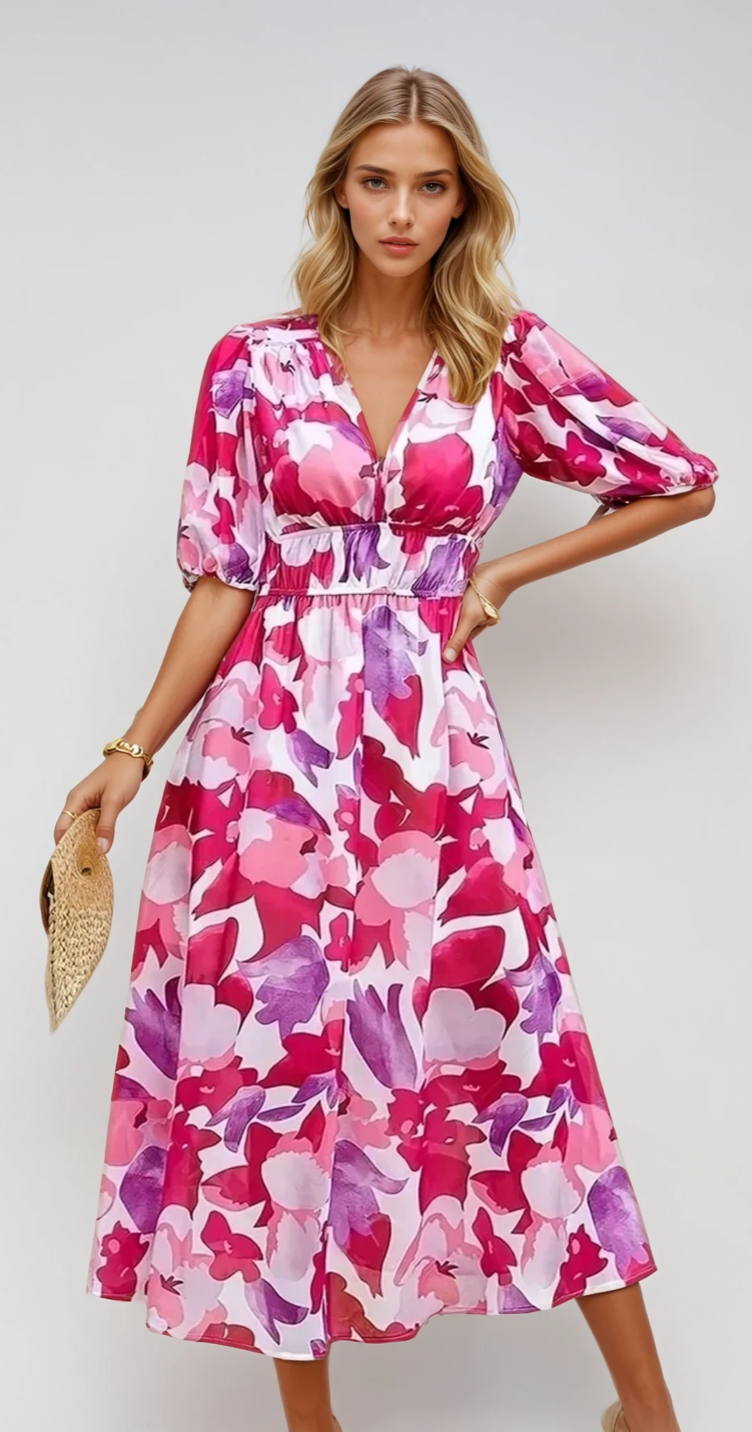 ELLA – Sommer Midi Kleid mit V-Ausschnitt und Blumenmuster
