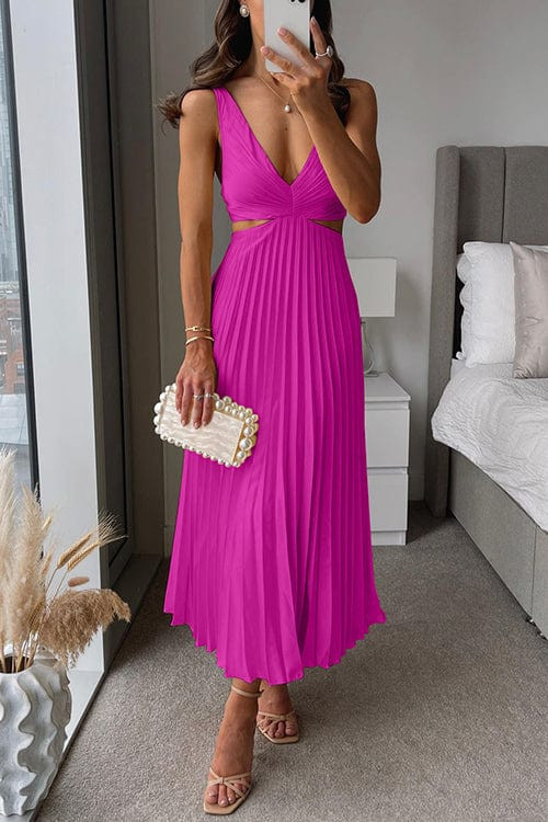 Damen Abendkleid Plissee Midi V-Ausschnitt Ärmellos mit Cut-Outs Eleganz-4