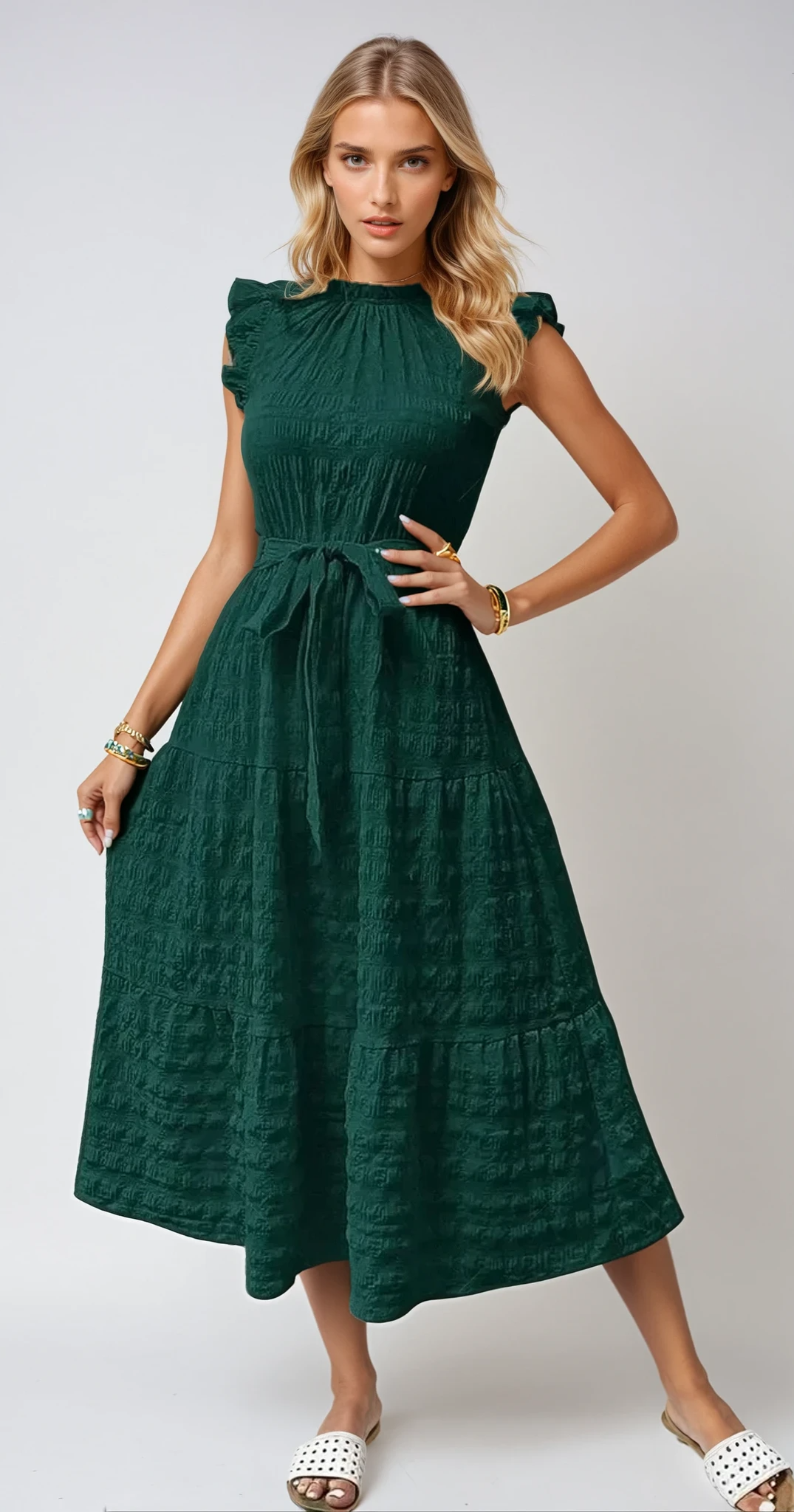 SUNNY CHARM – Midi Kleid mit Rüschensäumen und Bindegürtel