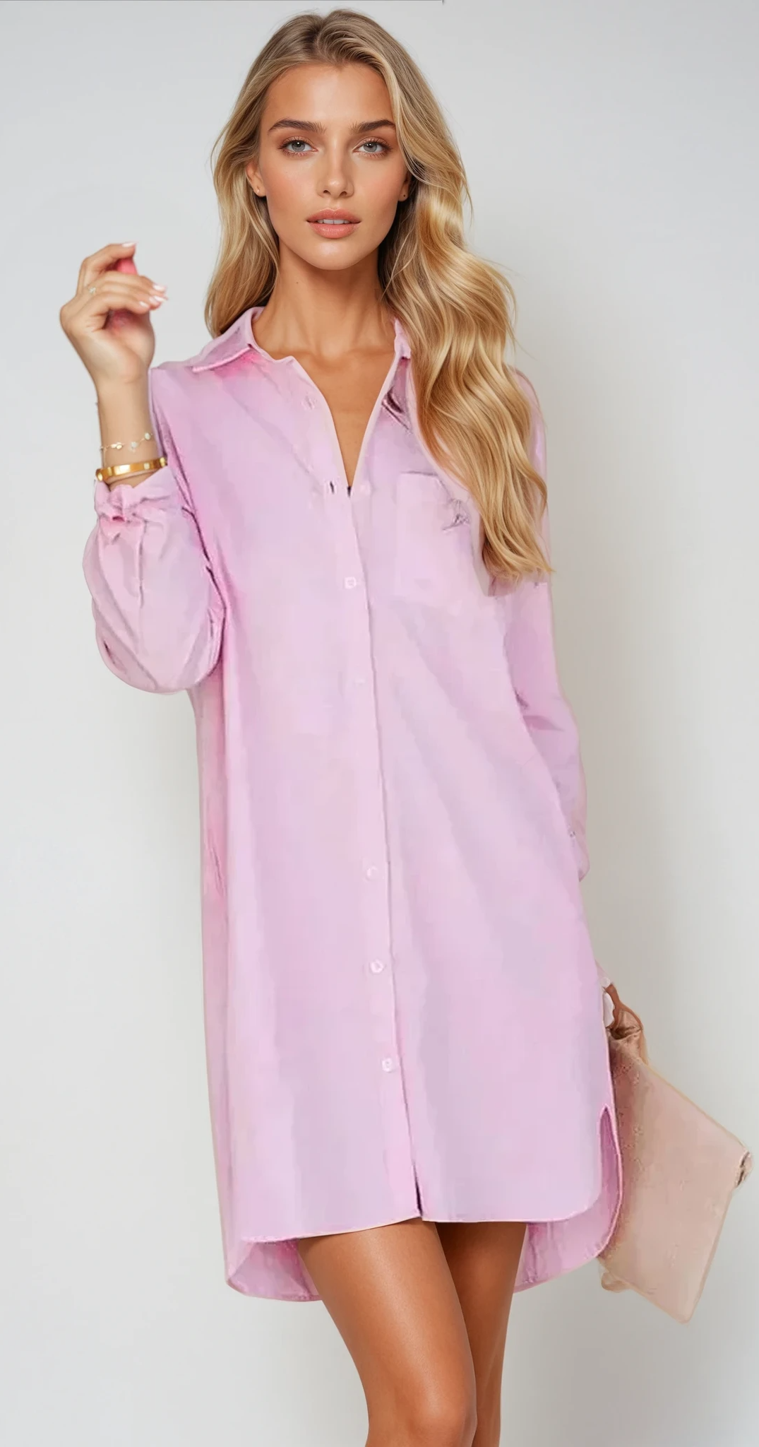 CHIC – Knopfverschluss Hemdblusenkleid mit langen Ärmeln