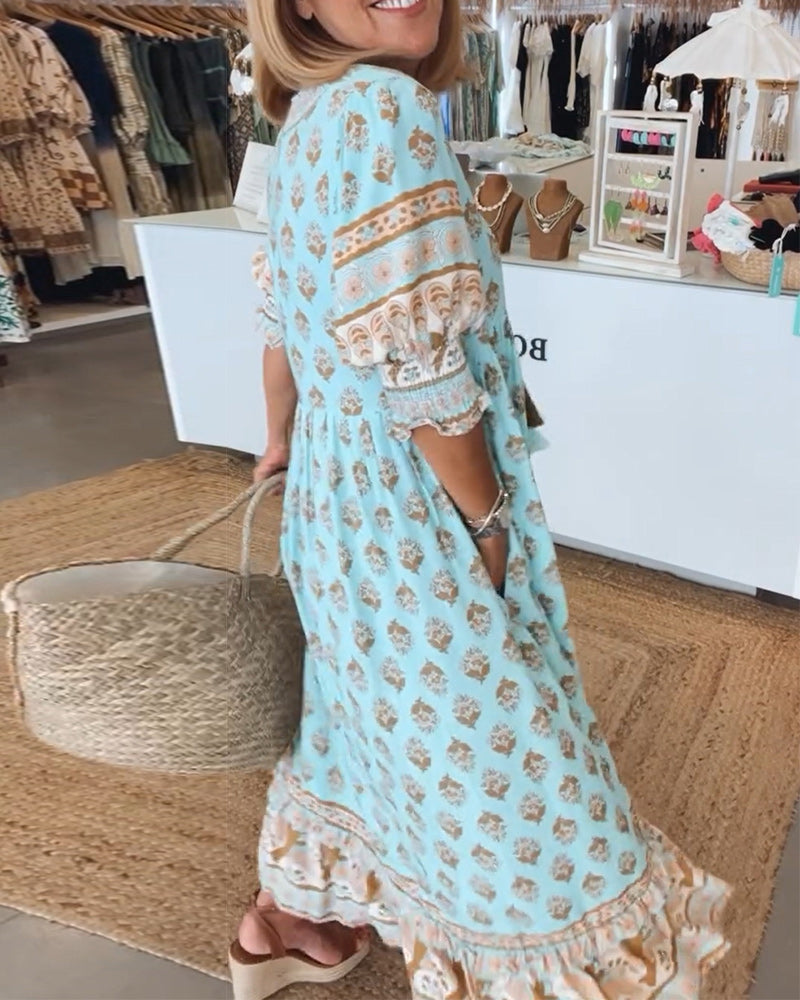 SERENE – Boho Chic Sommerkleid mit V-Ausschnitt und Leinenstoff