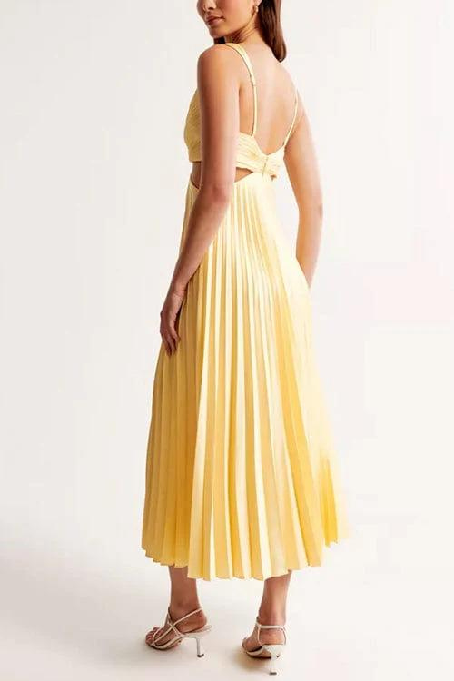 Damen Abendkleid Plissee Midi V-Ausschnitt Ärmellos mit Cut-Outs Eleganz-5