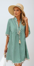 BOHO BLISS – Mini Kleid mit Quasten und Musterprint