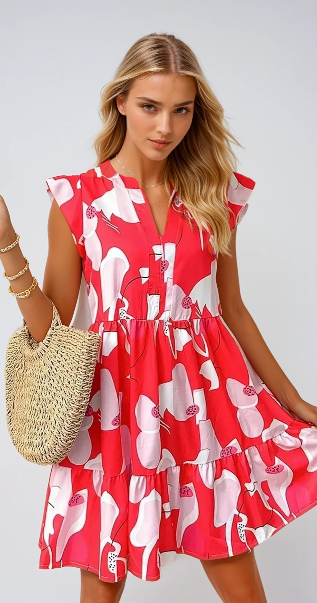 SUNNY DAYS – Bedrucktes Kleid mit Notch-Ausschnitt und Kurzarm