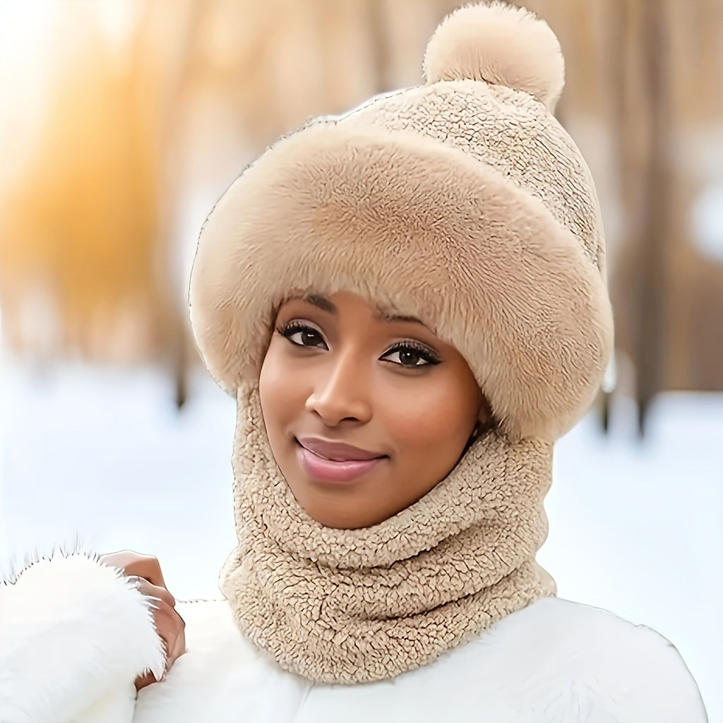 Beige Winter-Fleece-Mütze Set – Flauschiges Beanie mit Schal für Damen