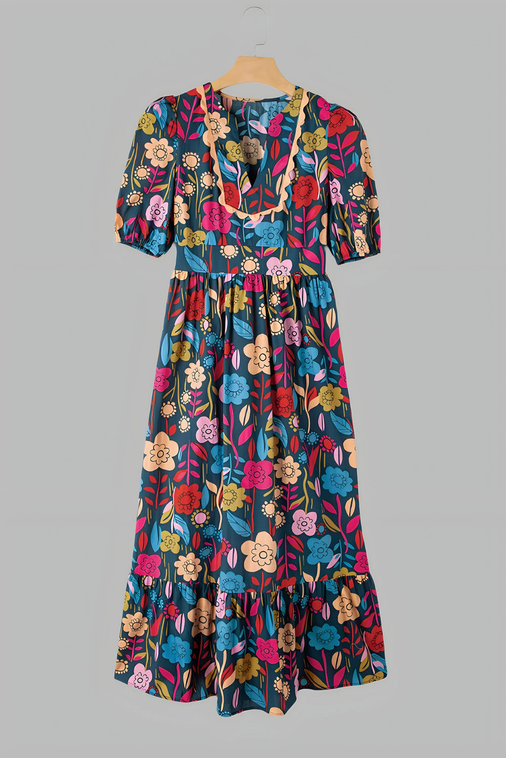 BOHO BREEZE – Midi Kleid mit Puffärmeln und Notch-Ausschnitt
