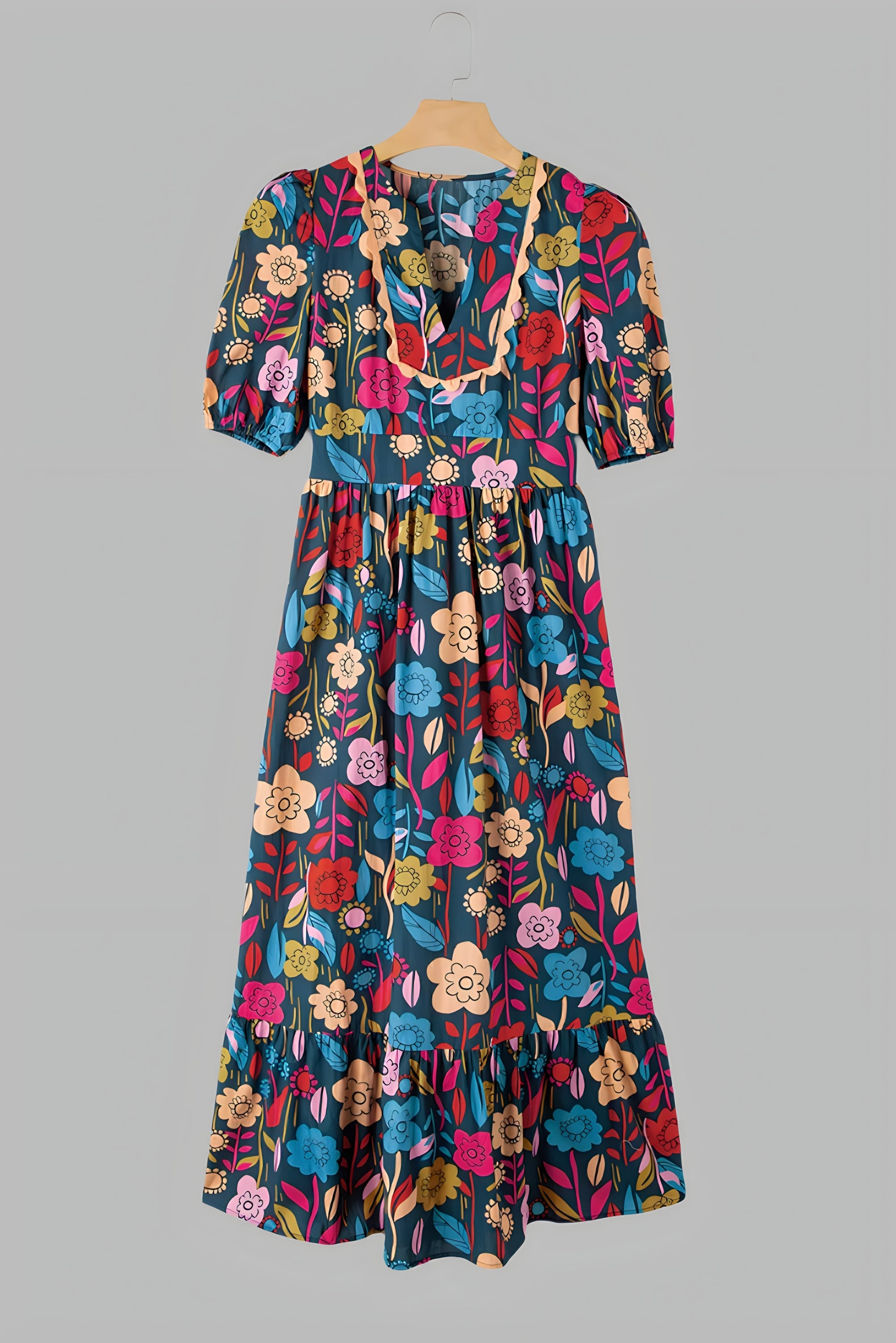 BOHO BREEZE – Midi Kleid mit Puffärmeln und Notch-Ausschnitt