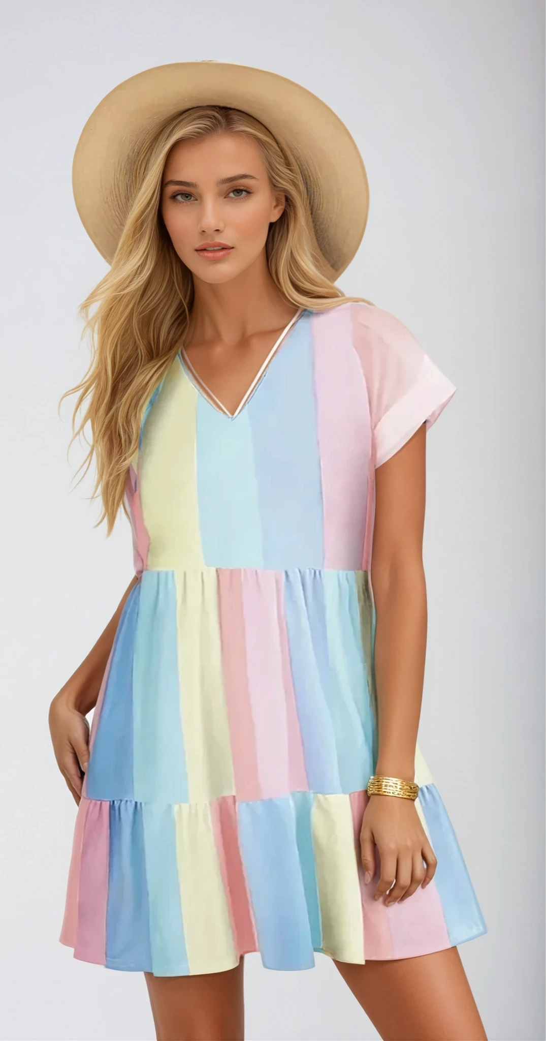 SUNNY VIBES – Farbblock Mini Kleid mit V-Ausschnitt