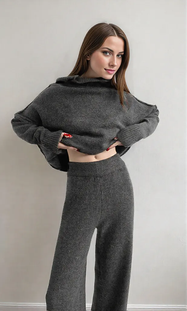 Variant image for Damen Strick Rollkragenpullover Hosenensemble Beige Weicher Strickstoff Pflegeleicht-7