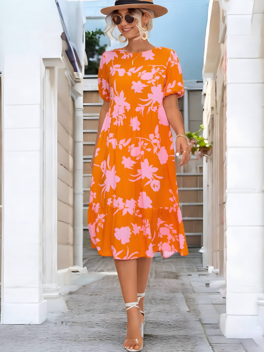 BLOSSOM ELEGANCE – Midi Kleid mit Puffärmeln und Blumenmuster