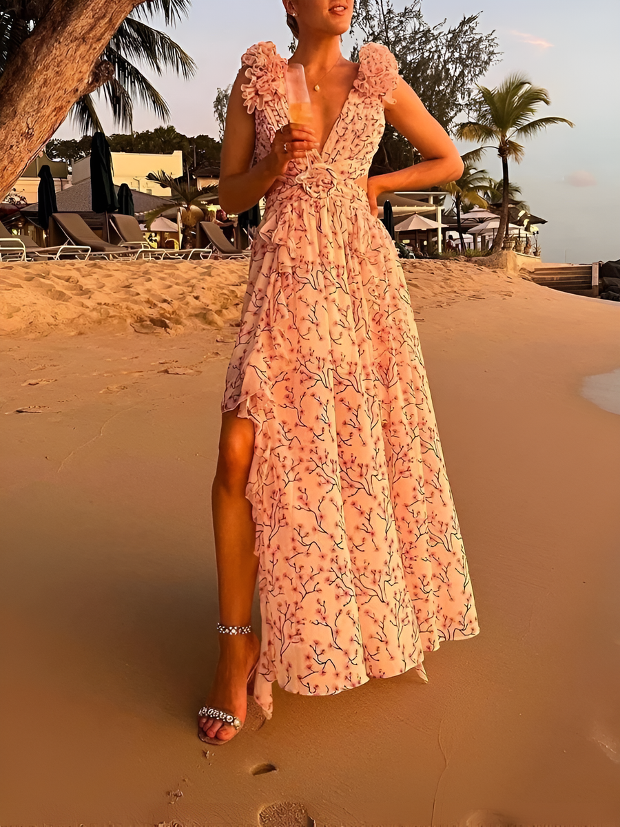 Damen Maxikleid Sommer Romantisch Rüschen Luftig S-XL-4