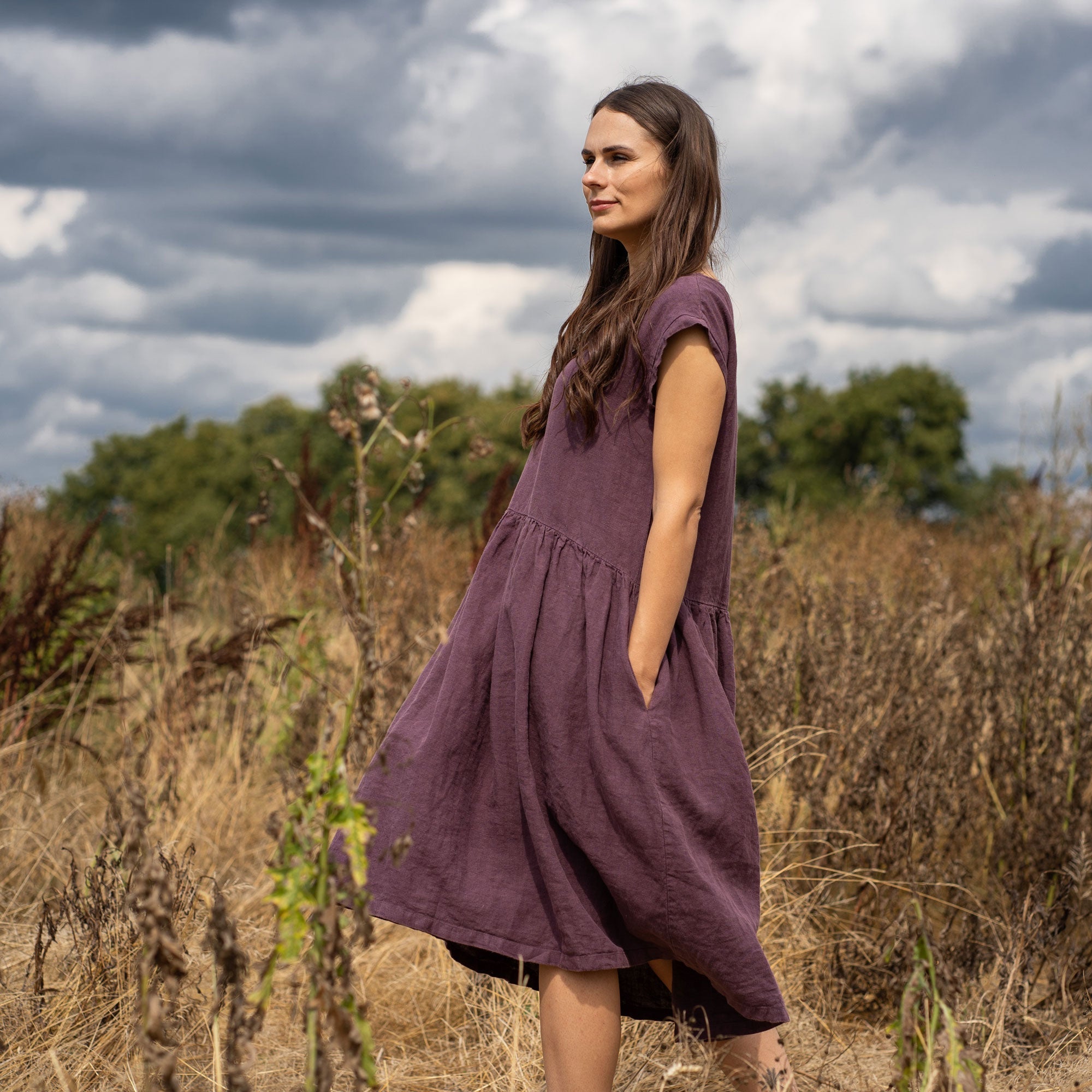 Damen Kleid Lockere Passform Lila 100% Bio-Leinen Flügelärmel mit Taschen-1