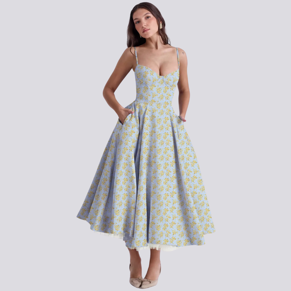 Damen Maxikleid Figurbetont Blumenmuster Spaghettiträger Sommer Hochzeitsgast Kleid-3