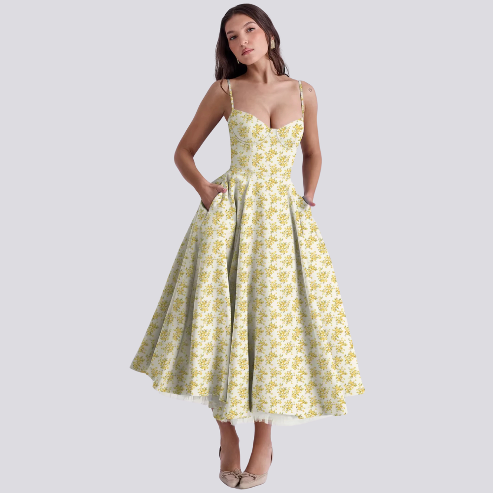 Damen Maxikleid Figurbetont Blumenmuster Spaghettiträger Sommer Hochzeitsgast Kleid-4
