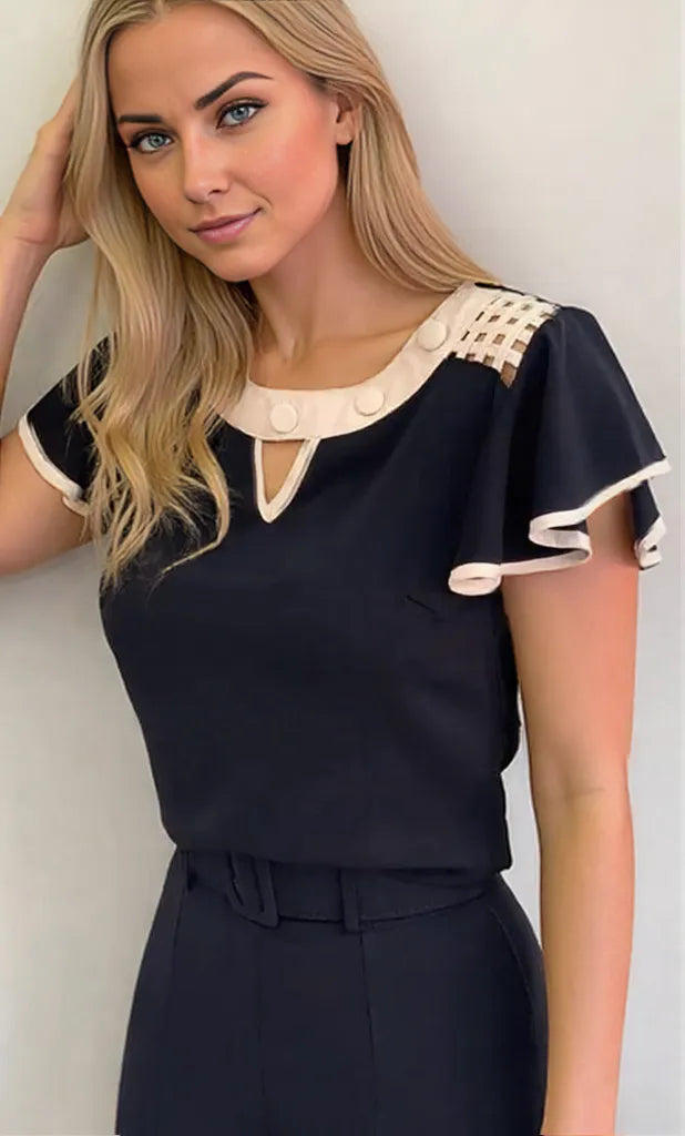 Damenoberteil mit Gekräuselten Ärmeln Elegant in Orange Weiß Schwarz, Größen S-2XL-3