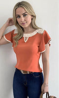 Variant image for Damenoberteil mit Gekräuselten Ärmeln Elegant in Orange Weiß Schwarz, Größen S-2XL-1
