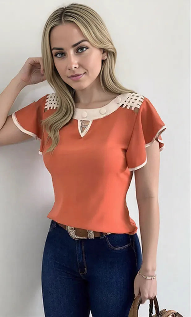 Variant image for Damenoberteil mit Gekräuselten Ärmeln Elegant in Orange Weiß Schwarz, Größen S-2XL-1