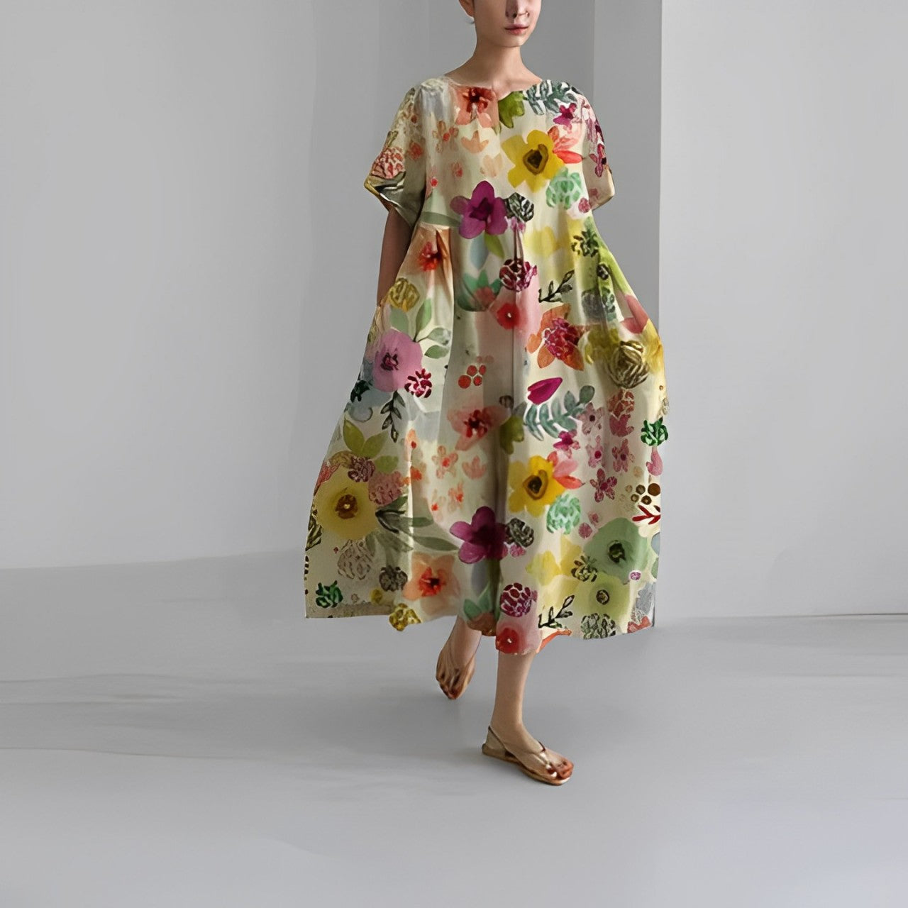 LEILA – Floral Boho Maxikleid mit V-Ausschnitt und Rüschen