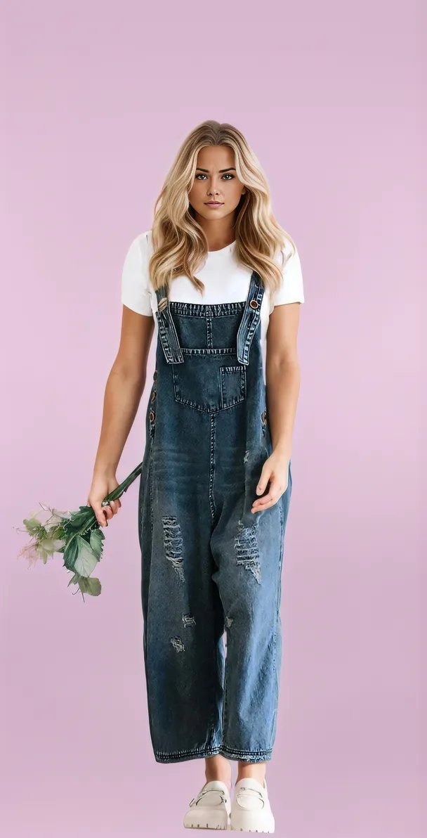 Variant image for Damen Jumpsuit Zerrissene Denim Overall Entspanntes Fit Verstellbare Träger Slouchy Passform-5