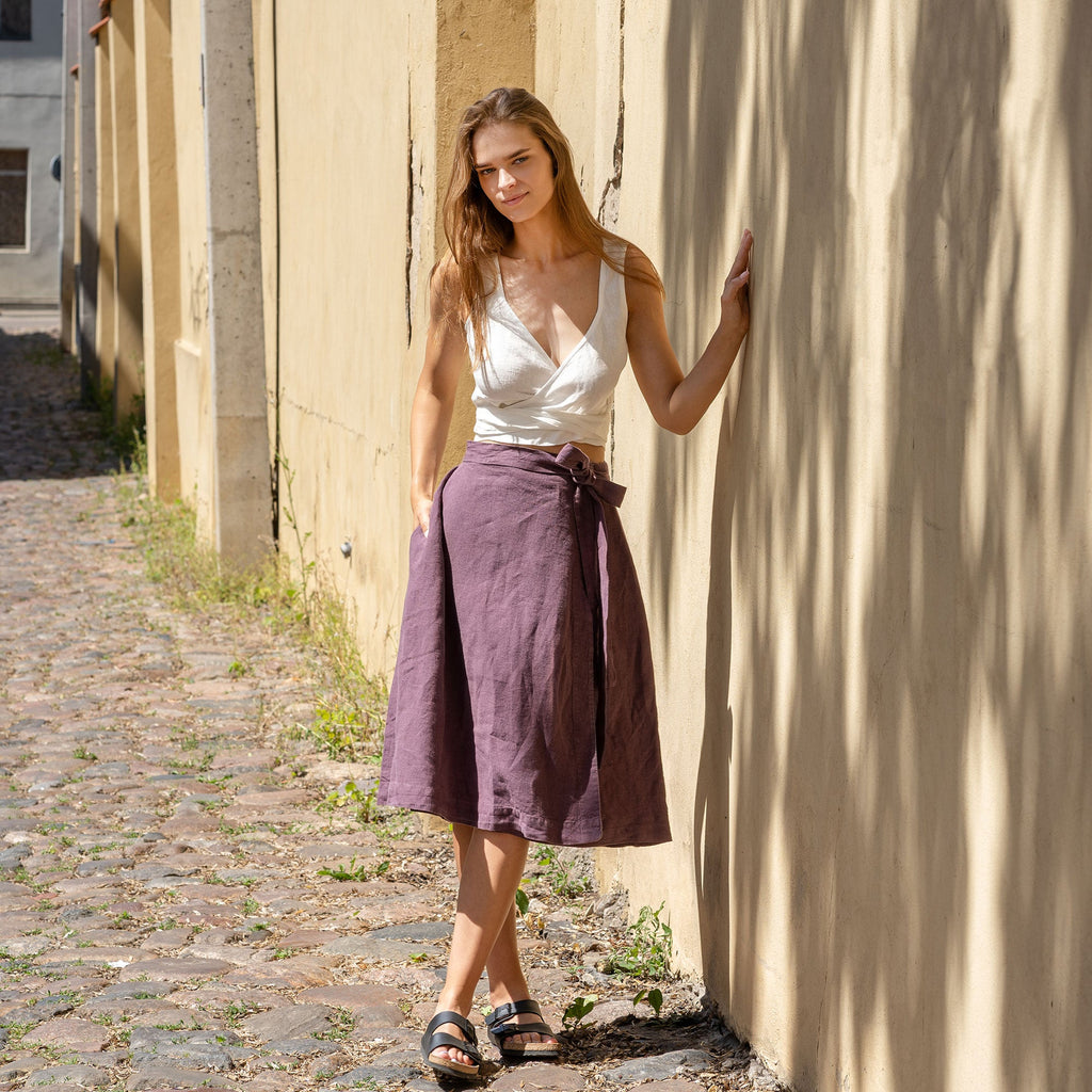 Damen Wickelrock Lang aus 100% Leinen mit Verstellbarem Gürtel und Knöpfen, Midi-Länge, Hoch geschnitten, Praktische Taschen-3