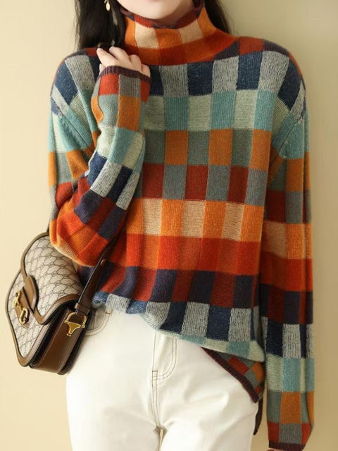 Dunya - Bunter Square-Pullover mit Rollkragen