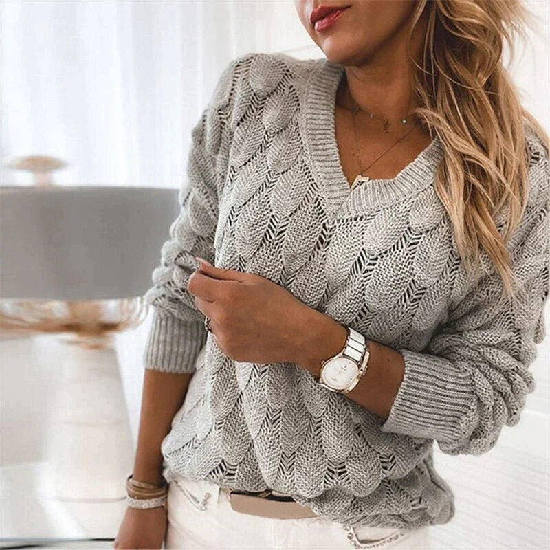Sofia Venetti Feather - Damen Pullover mit V-Ausschnitt und Federmuster