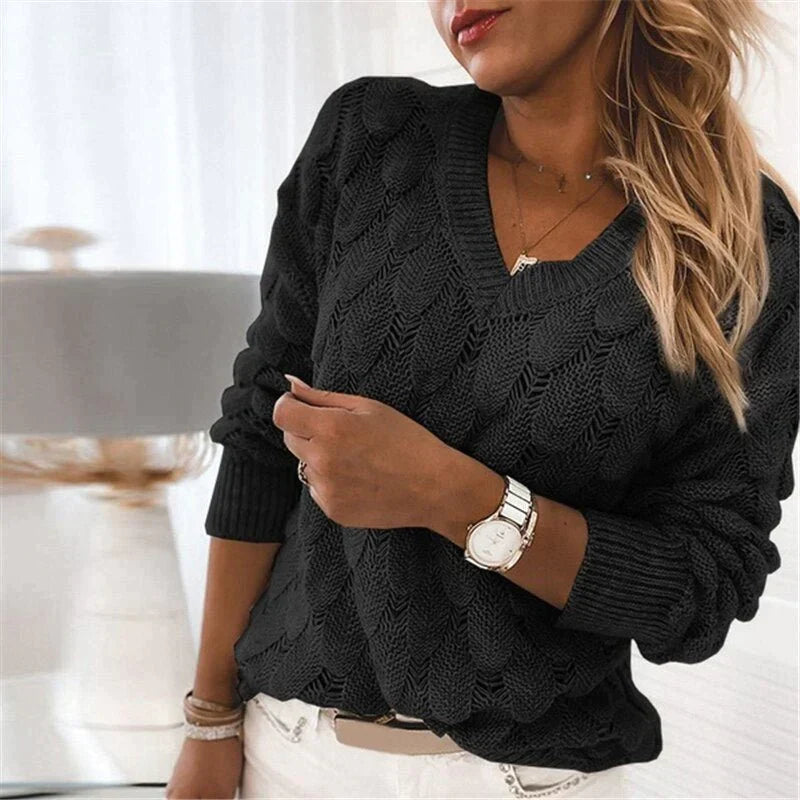 Sofia Venetti Feather - Damen Pullover mit V-Ausschnitt und Federmuster