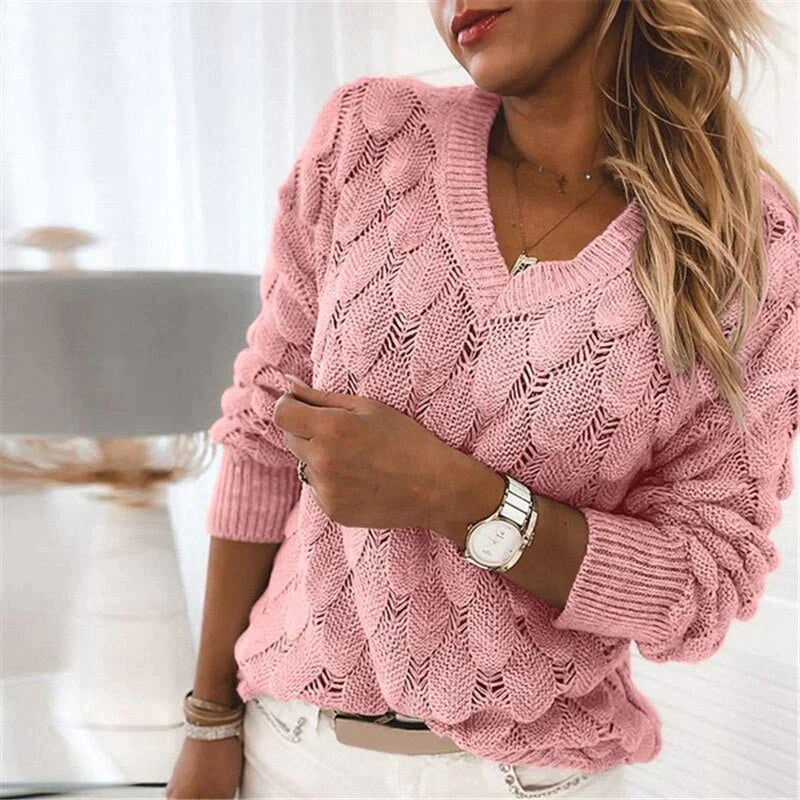 Sofia Venetti Feather - Damen Pullover mit V-Ausschnitt und Federmuster
