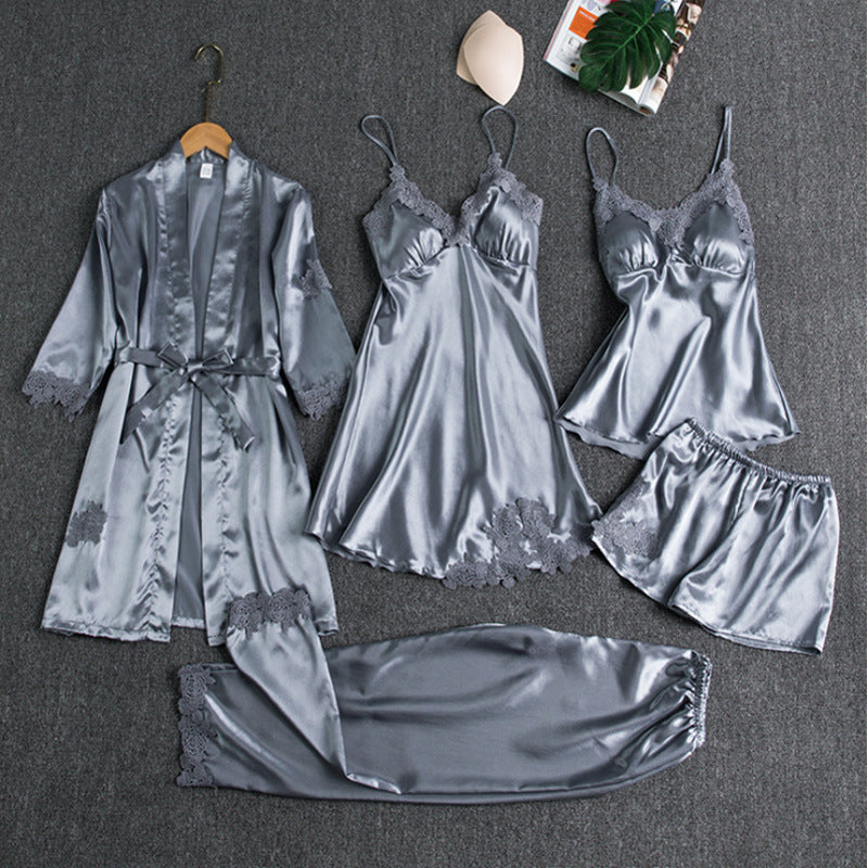 Damen Pyjama-Set Seide Kimono Top Shorts Nachtwäsche Schlafanzug-5