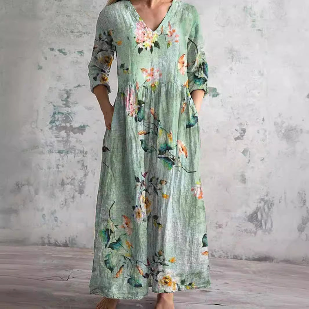 Damen Maxikleid Floral V-Ausschnitt Knöchellang mit Dreiviertelärmeln für den Sommer-3