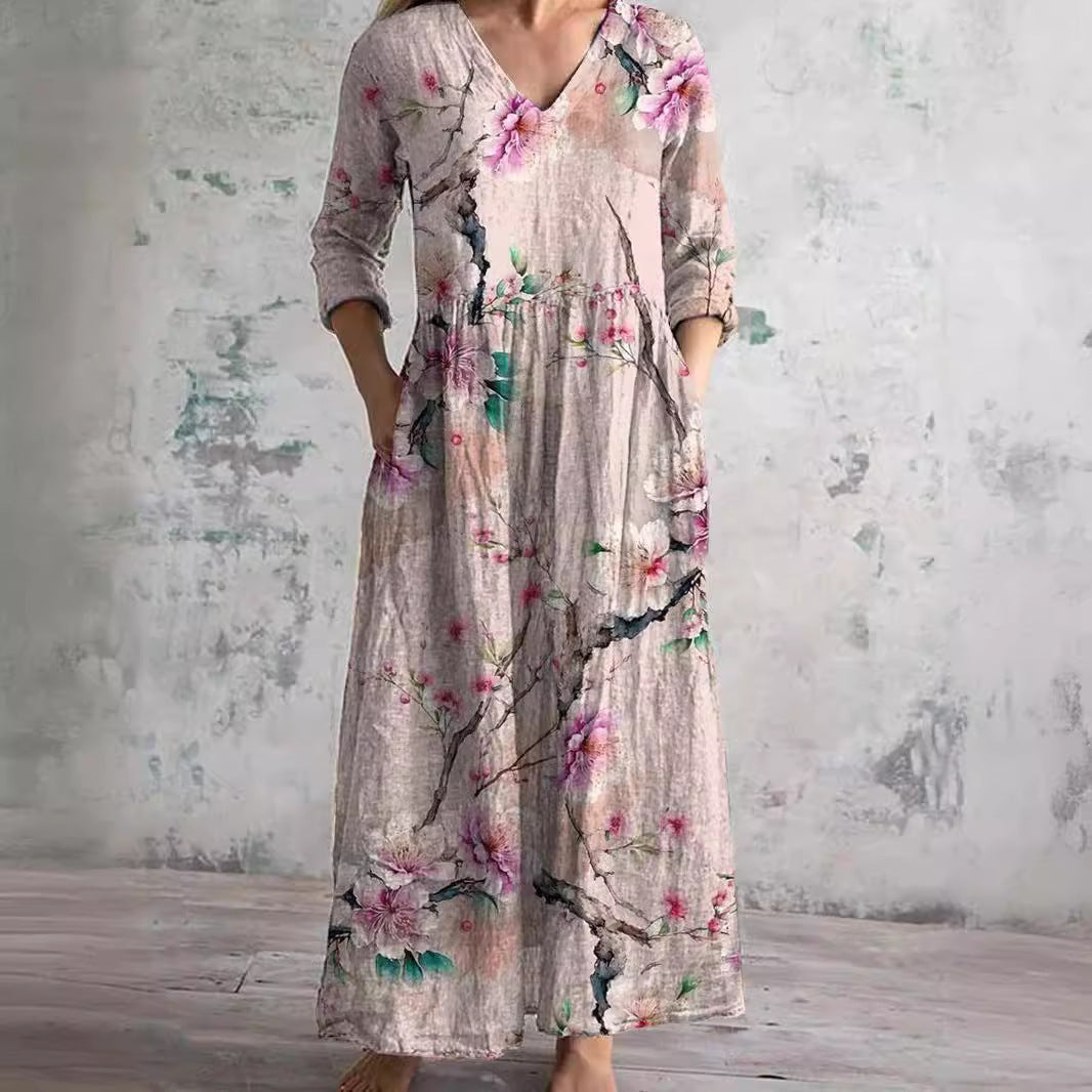 Damen Maxikleid Floral V-Ausschnitt Knöchellang mit Dreiviertelärmeln für den Sommer-2