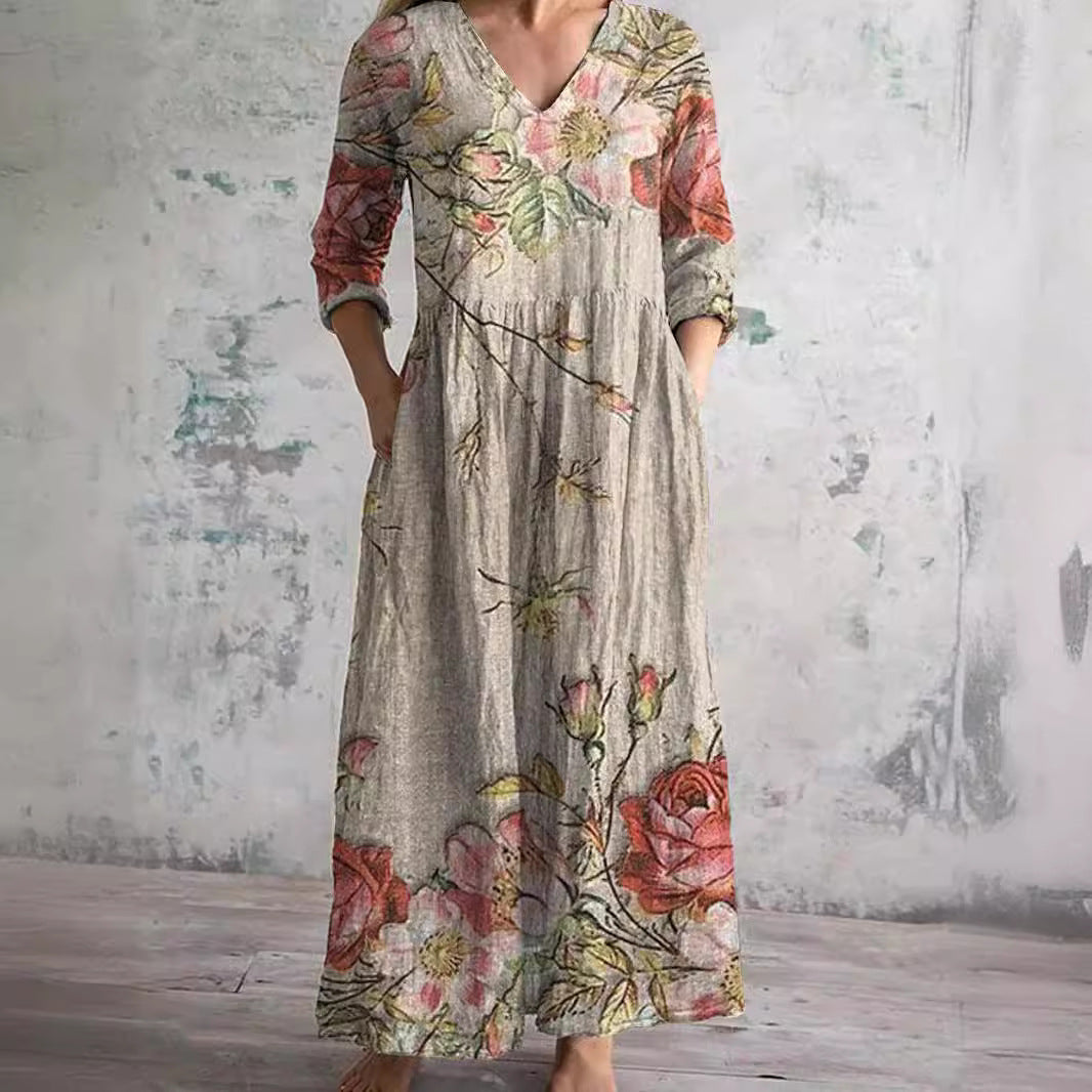 Damen Maxikleid Floral V-Ausschnitt Knöchellang mit Dreiviertelärmeln für den Sommer-1