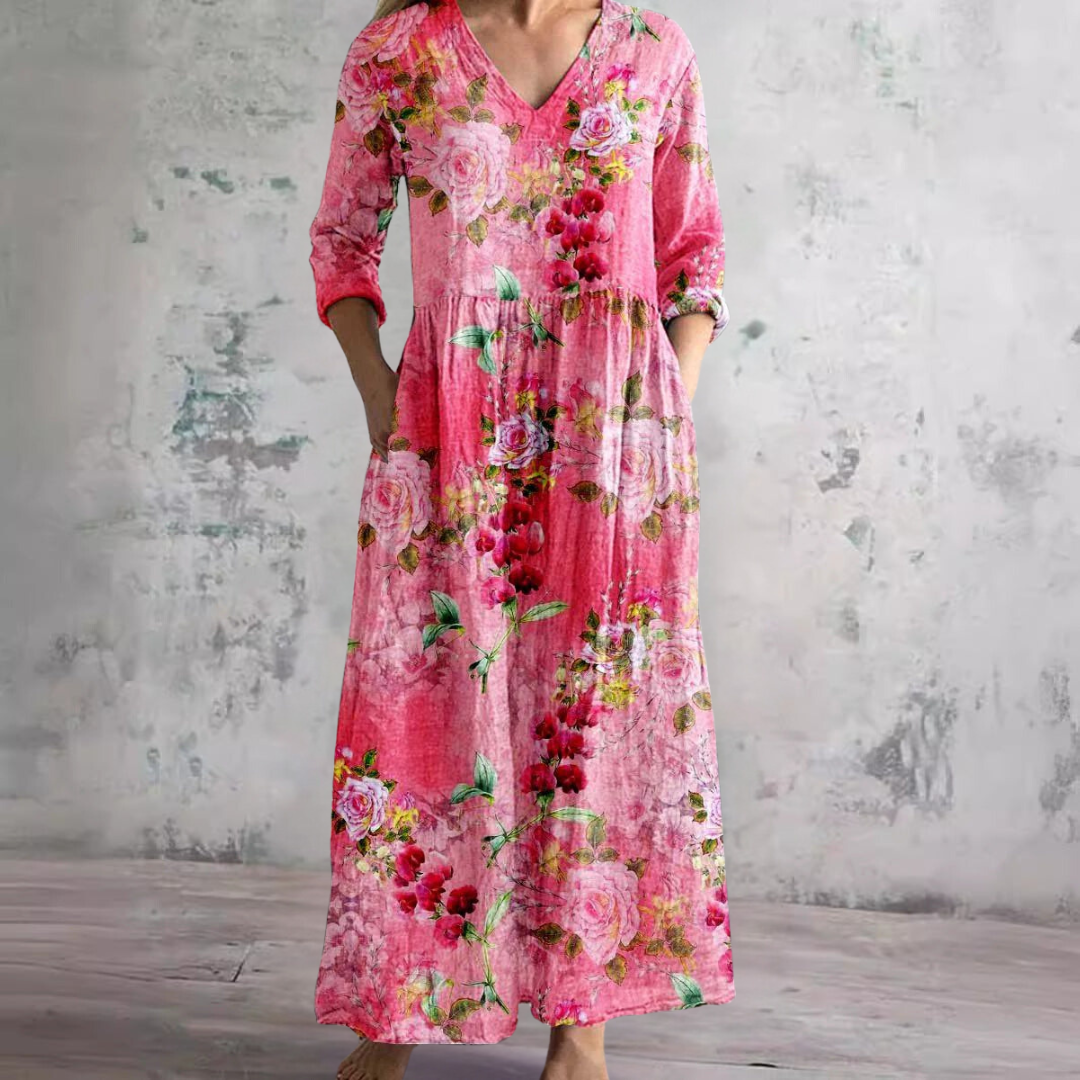 Damen Maxikleid Floral V-Ausschnitt Knöchellang mit Dreiviertelärmeln für den Sommer-4